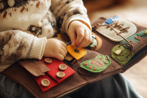 Toddler hands busy with a felt quiet-book page full of buttons, laces and shapes on a lap