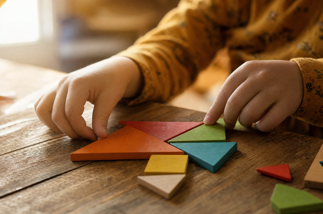 Young child's hands arranging colorful wooden tangram pieces into a picture on a wooden table