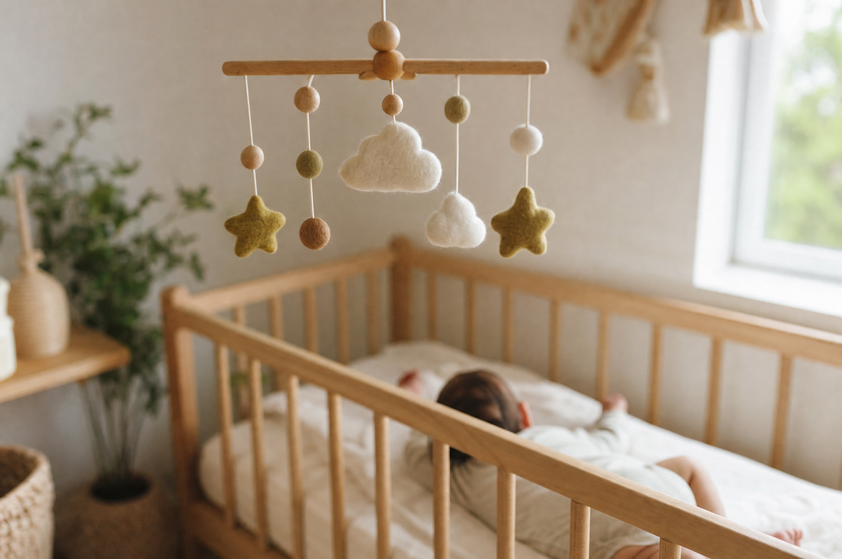 A wooden Montessori baby mobile with felt shapes hanging above a crib in a calm nursery