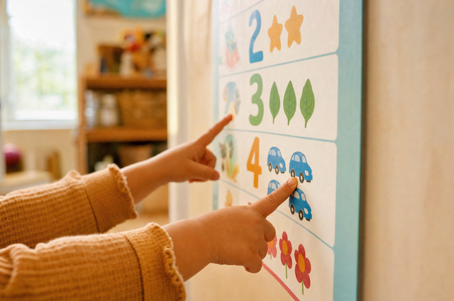 Toddler hands pointing at a colorful numbers wall chart mounted at child height