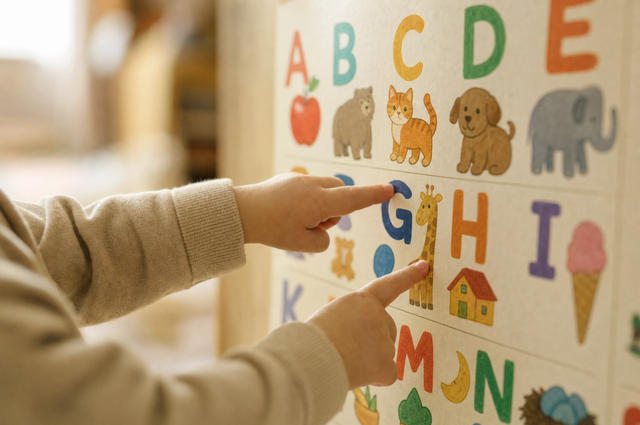 Toddler hands pointing at bright letters on a colorful alphabet wall chart at child height