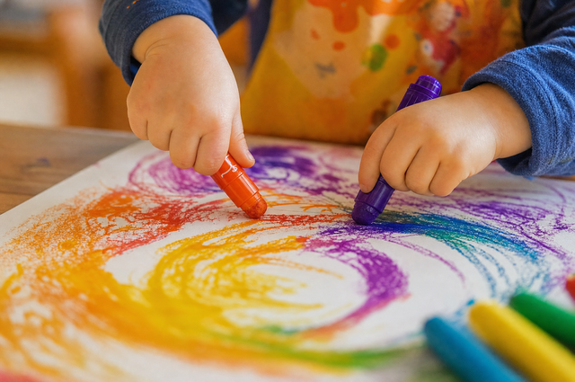 Young child's hands making bold colorful marks with twist-up paint sticks on a large sheet of paper