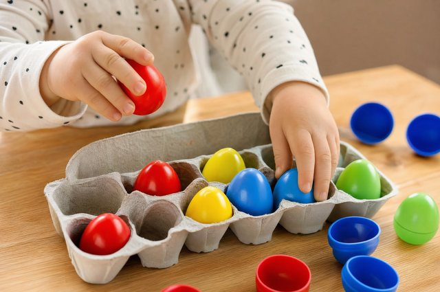 Toddler hands sorting brightly colored egg-shaped toys by color into a tray on a wooden table
