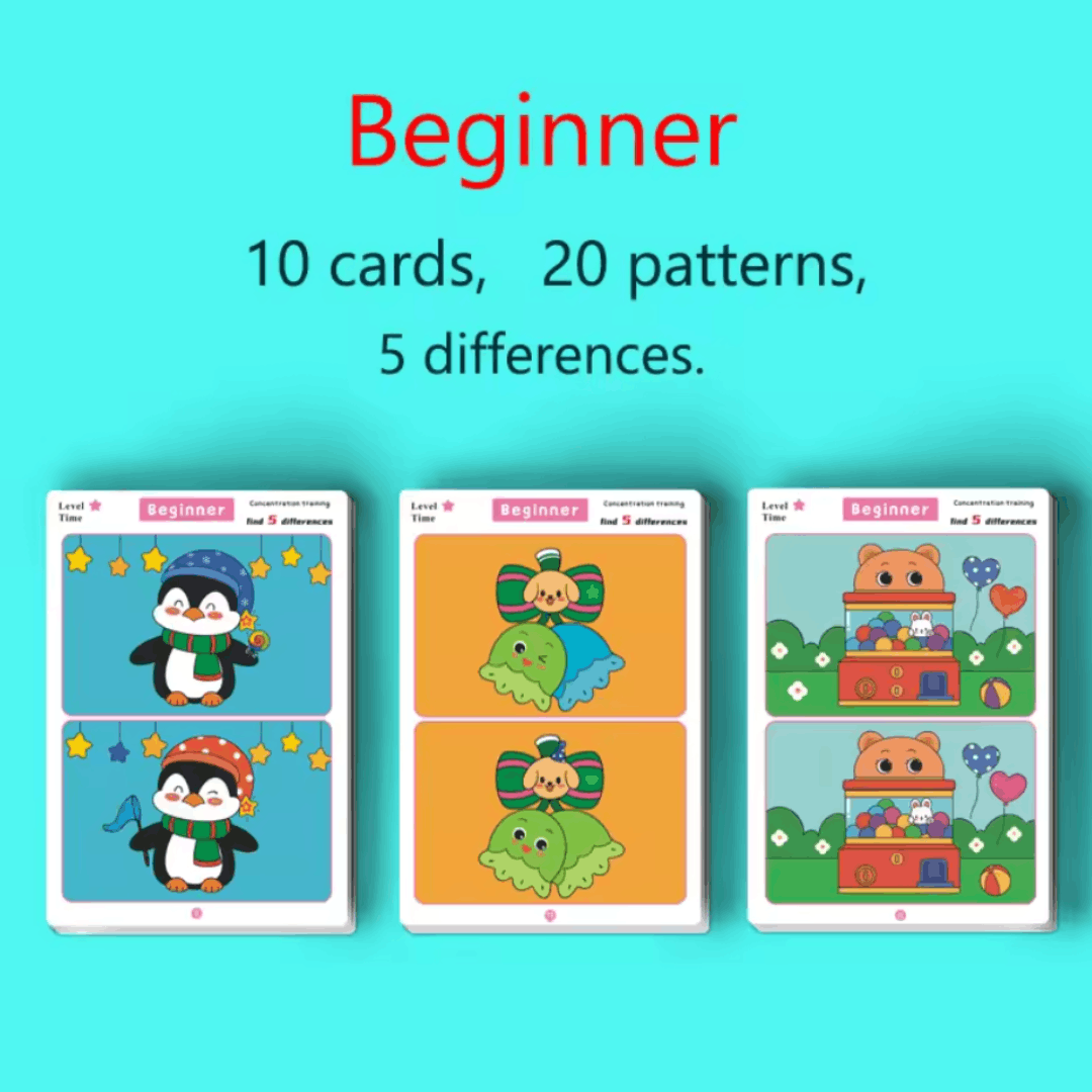 TibaToes™ Find the Difference Cards: Reusable Concentration Training Game for Toddlers & Kids (3 Levels)