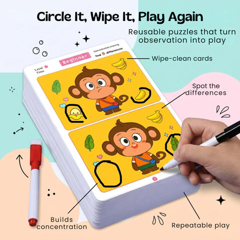 TibaToes™ Find the Difference Cards: Reusable Concentration Training Game for Toddlers & Kids (3 Levels)