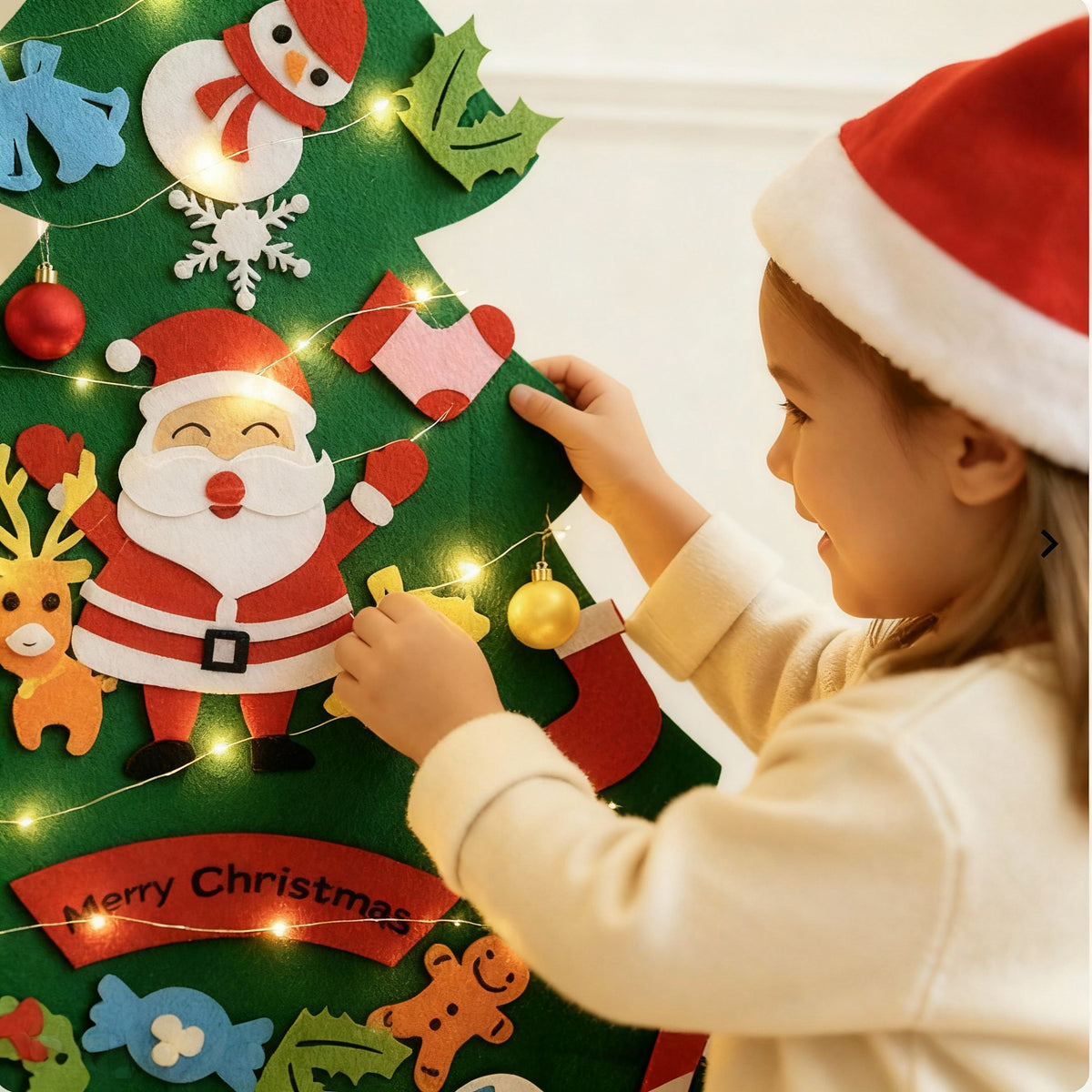 A child redecorating the TibaToes felt Christmas tree