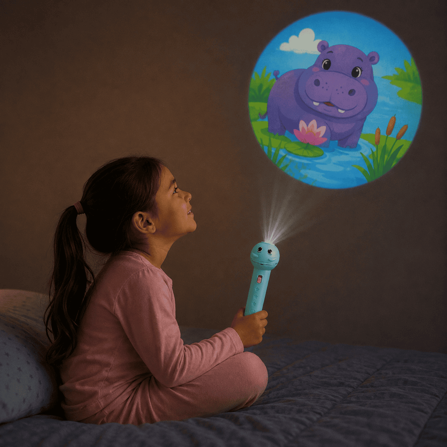 Parent and child with the animal projector