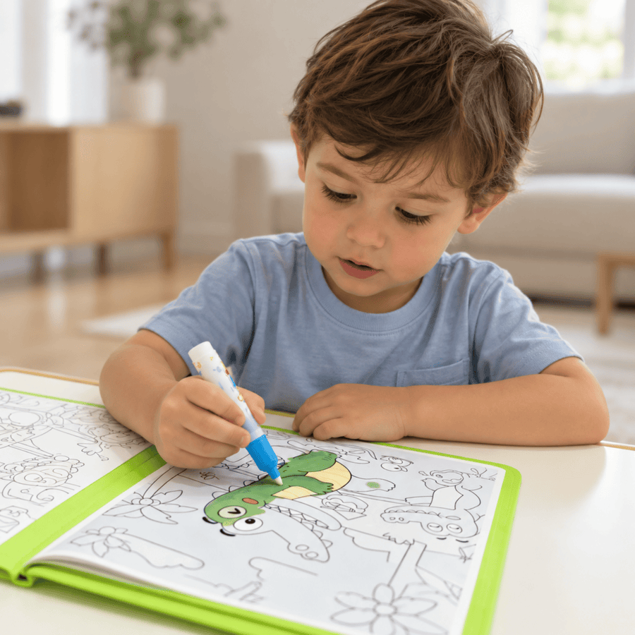 Parent and toddler colouring together with the TibaToes water drawing book