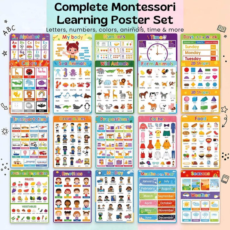 TibaToes™ Montessori Learning Posters: 20-Piece Educational Wall Chart Set for Toddlers & Preschoolers