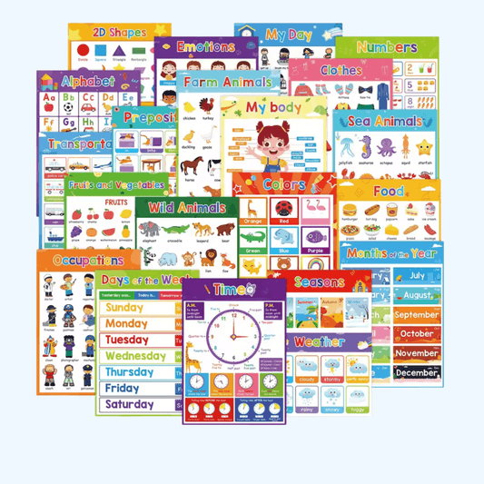 TibaToes™ Montessori Learning Posters: 20-Piece Educational Wall Chart Set for Toddlers & Preschoolers