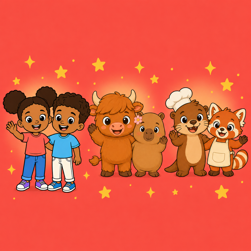 Mila and Kai characters waving