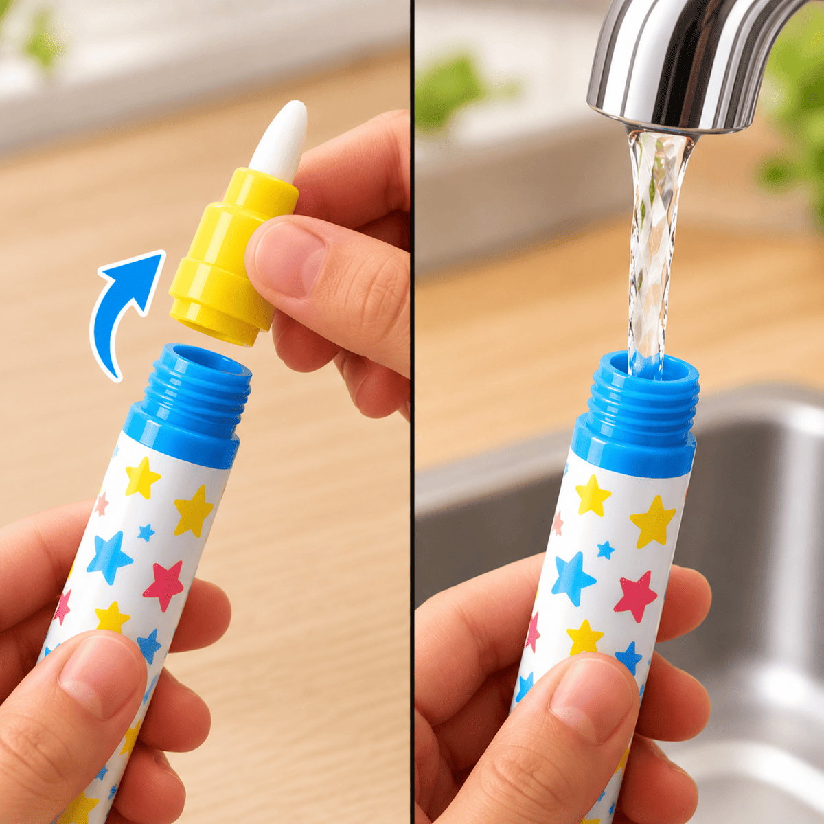 A toddler filling the TibaToes water pen with water