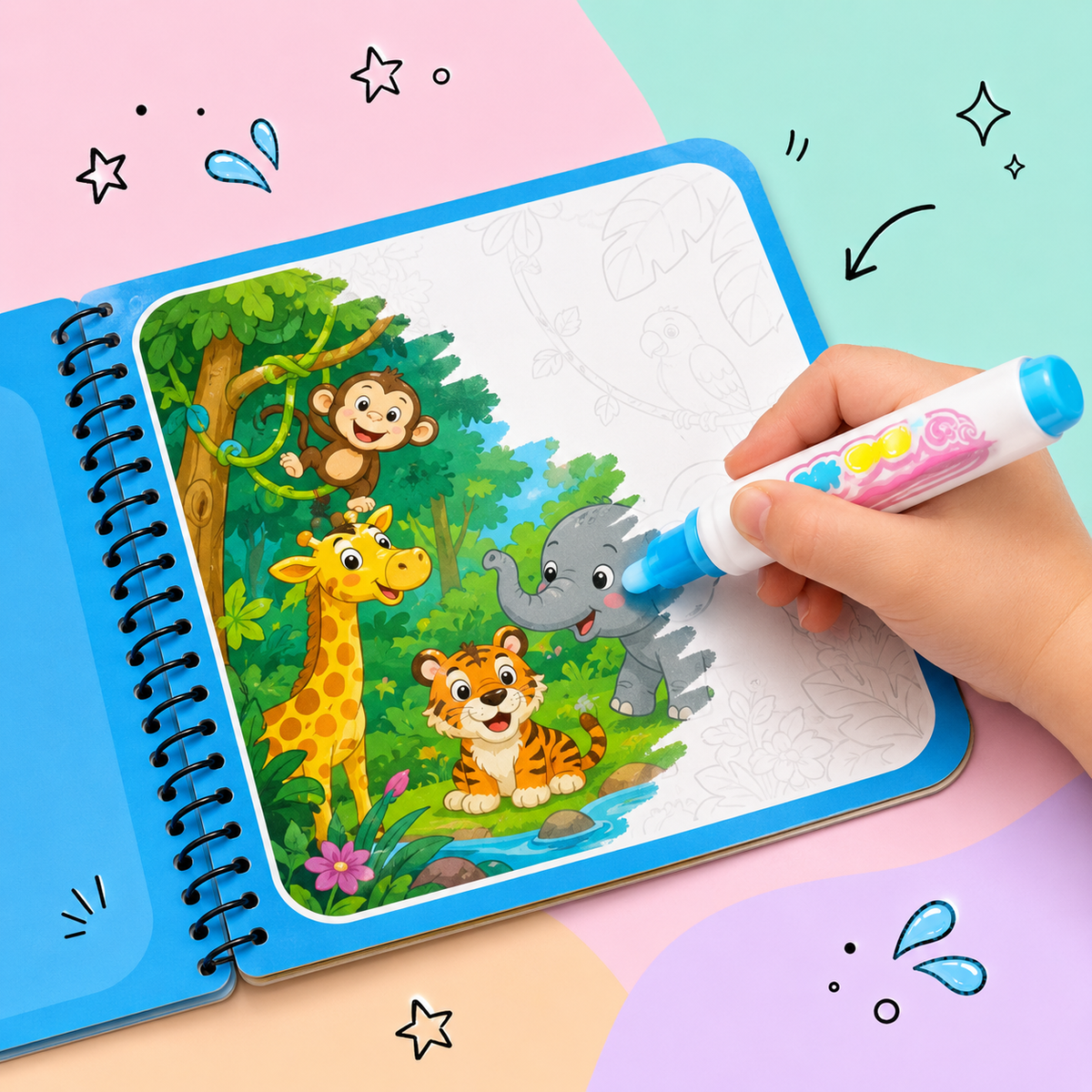 Colors appearing as a toddler paints with water