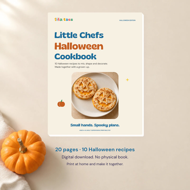 TibaToes Little Chefs Halloween Cookbook, a 20-page digital PDF with 10 Halloween recipes