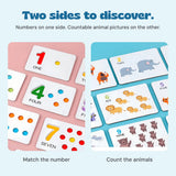Two sides of the counting cards show numbers with bead spaces and animal pictures.