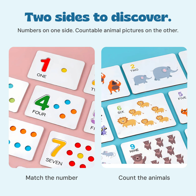 Two sides of the counting cards show numbers with bead spaces and animal pictures.