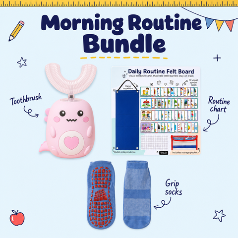 Morning Routine Bundle with pink cloud toothbrush, routine chart and grip socks