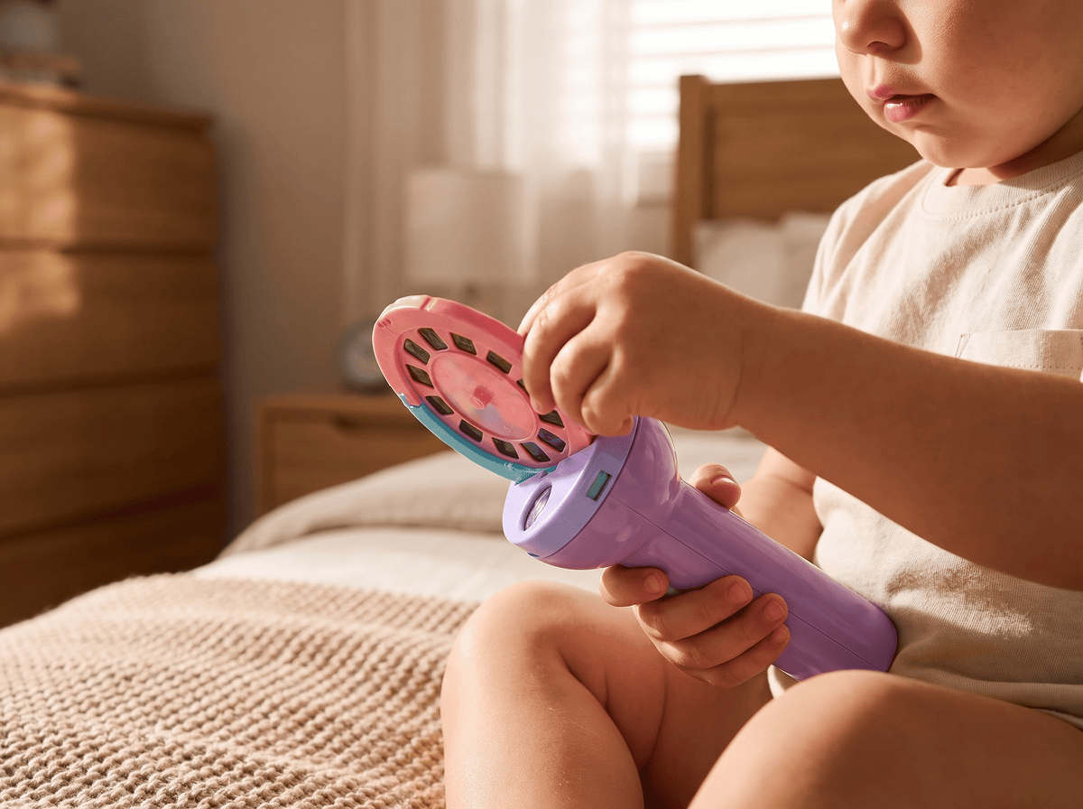 A toddler sliding an animal disc into the TibaToes projection flashlight