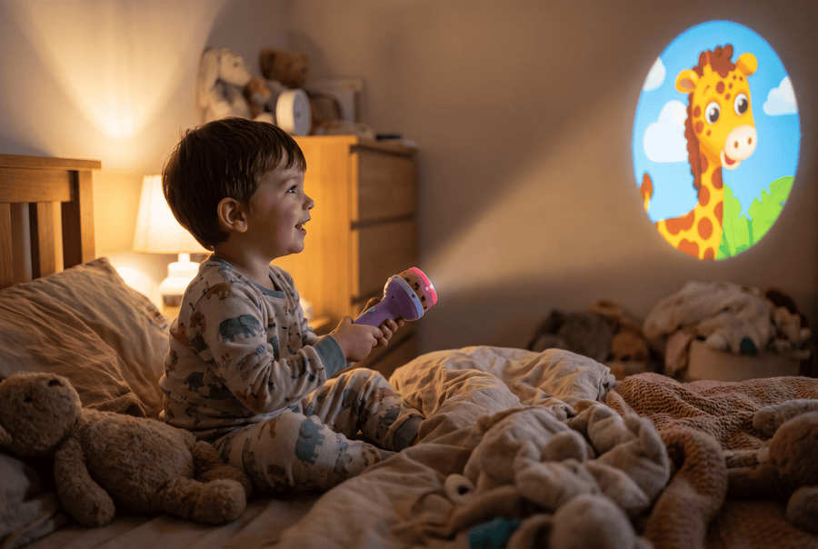 Parent and toddler watching animals projected on the ceiling at bedtime