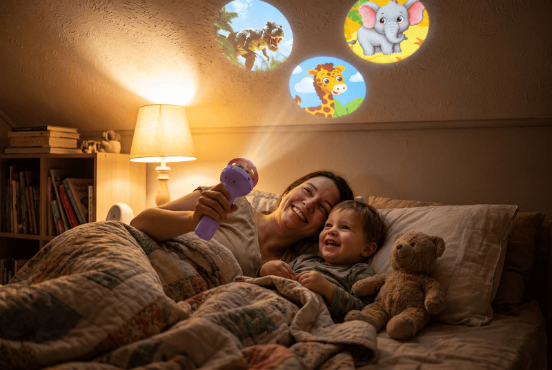 Toddler settling calmly at bedtime with the TibaToes animal projector