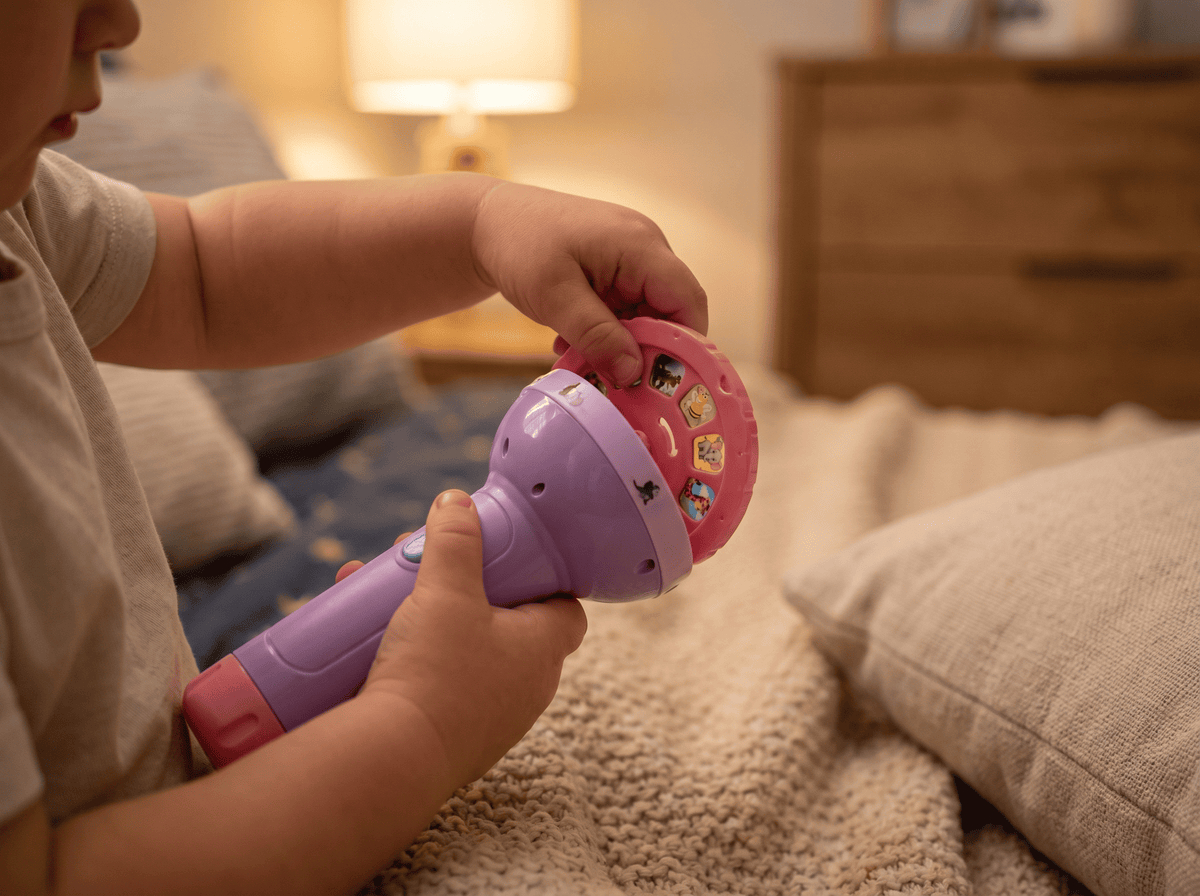 A toddler twisting the disc to change to the next projected animal scene