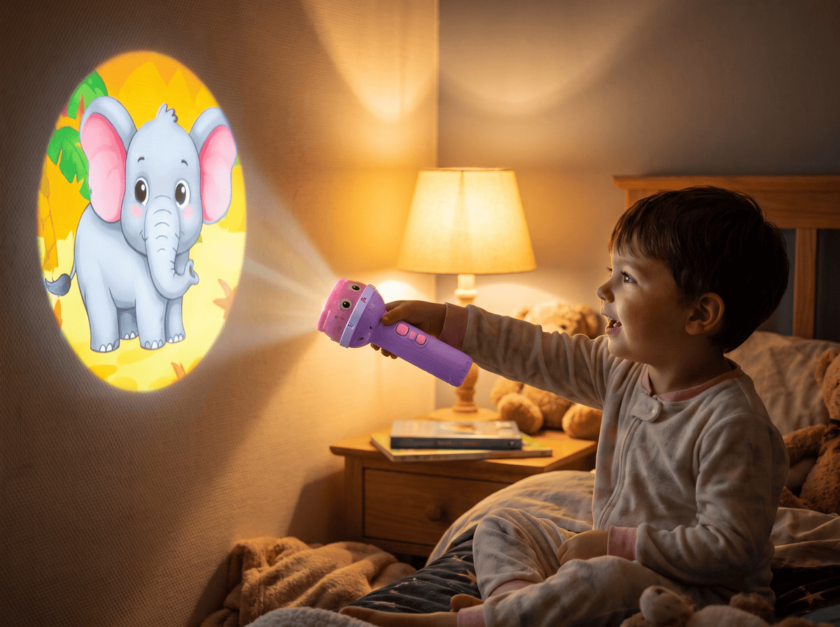 A colourful animal scene projected on a bedroom wall by the TibaToes flashlight