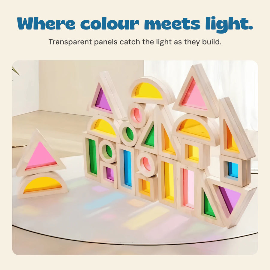 Ambient light passes through the coloured panels of the rainbow building blocks.
