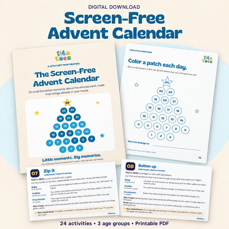 TibaToes Screen-Free Advent Calendar digital PDF preview with the cover, color-in countdown tracker and two activity cards.