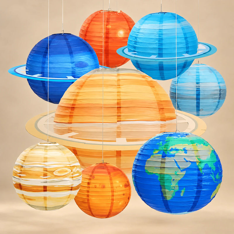 Eight planet paper lanterns hanging against a warm beige backdrop.