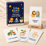 Brave & Growing affirmation deck with green Courage & Resilience subtitle, named side panel, sample cards and wooden stand. Product design mockup.
