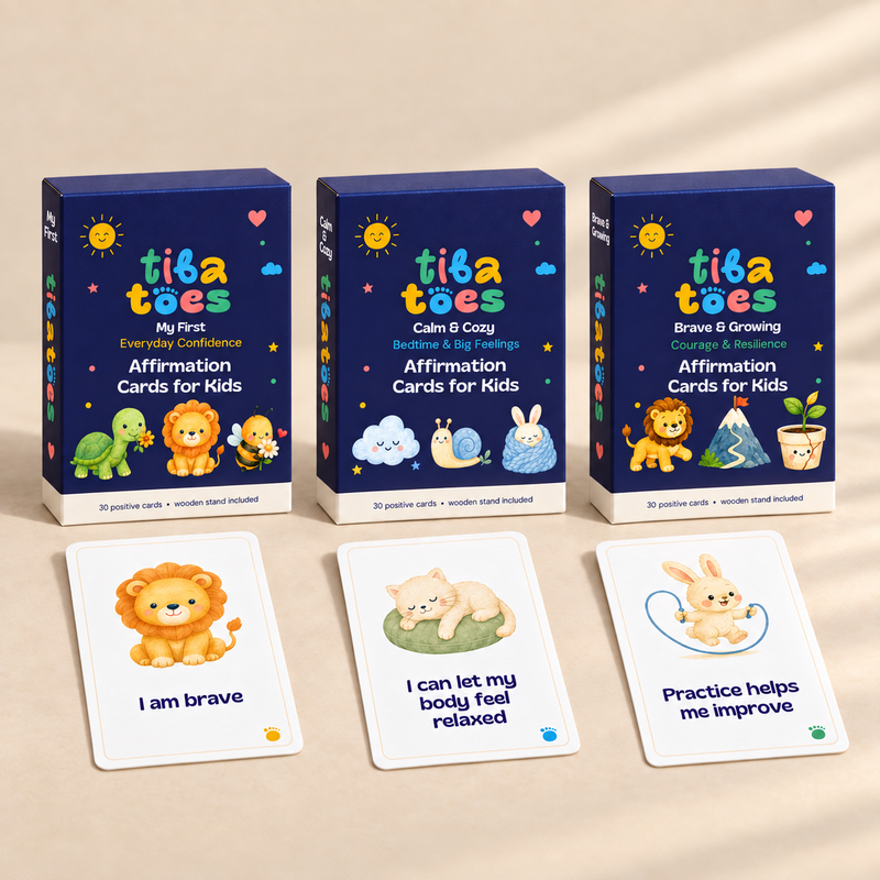 All three TibaToes affirmation decks with updated coloured subtitles and side names: My First, Calm & Cozy, and Brave & Growing. Product design mockup.