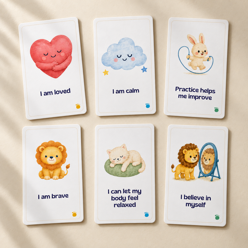 Six sample TibaToes affirmation cards, with two examples from each of the three separately available deck themes. Product design mockup.