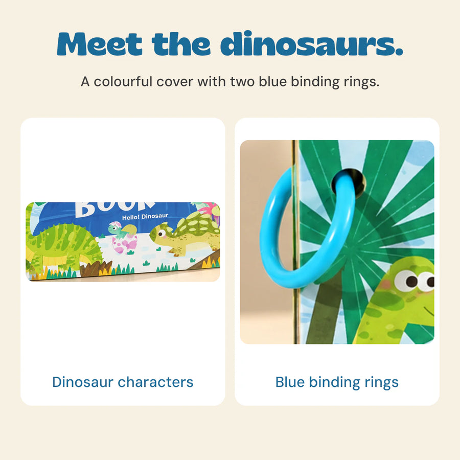 Original dinosaur Busy Book cover illustrations and blue binding ring shown in close-up.