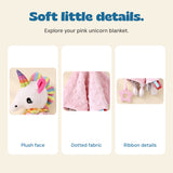 Native close-ups show the unicorn face, pink dotted fabric and ribbon tabs with the attached pink star ring.
