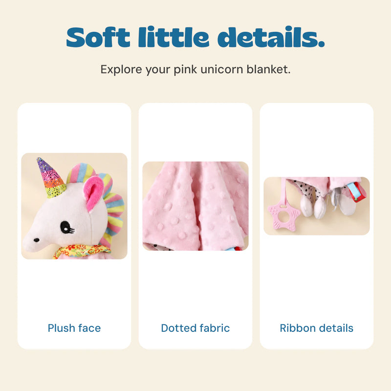 Native close-ups show the unicorn face, pink dotted fabric and ribbon tabs with the attached pink star ring.