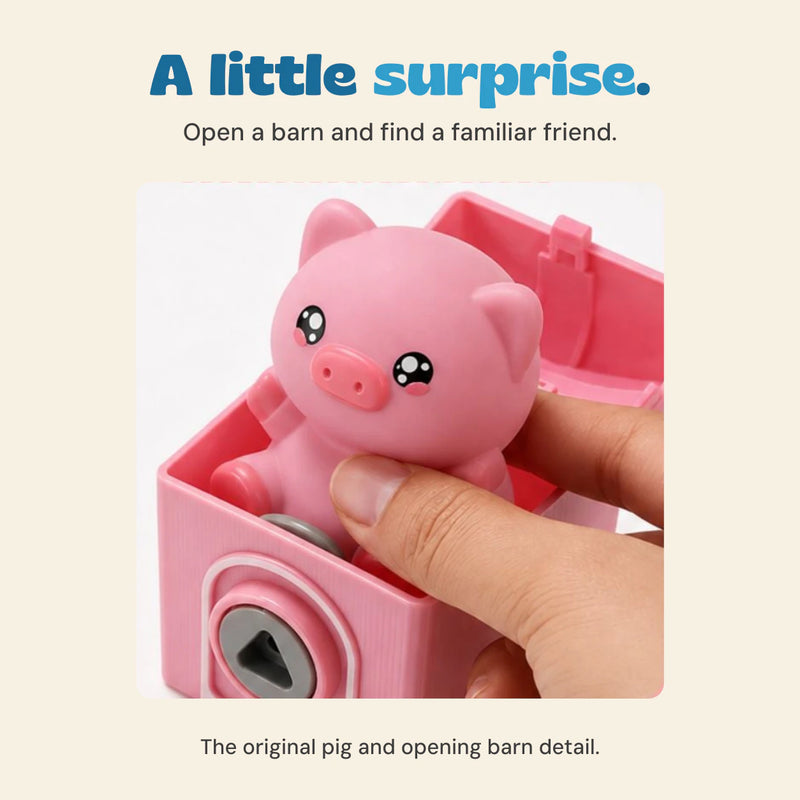 Original close-up of a hand lifting the pink pig figure from an open pink barn compartment.