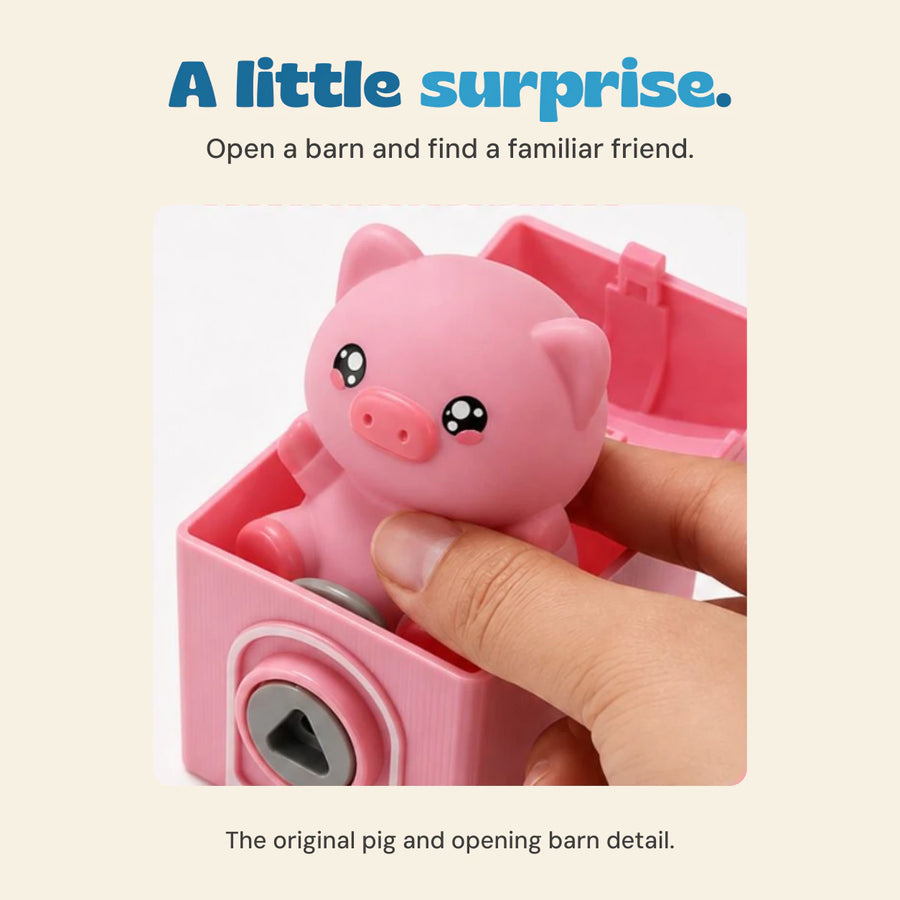 Original close-up of a hand lifting the pink pig figure from an open pink barn compartment.