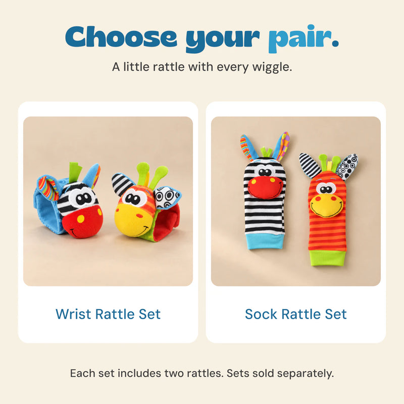 Wrist and sock rattle sets shown separately, with two rattles in each set.