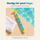 A bright little addition to the swim bag. A simple pump-action water toy.