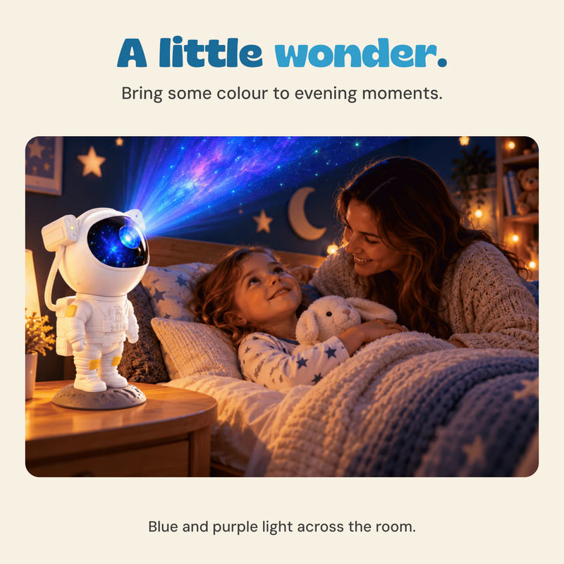 The original room photograph shows the astronaut projector beside a mother and child beneath a blue and purple galaxy effect.