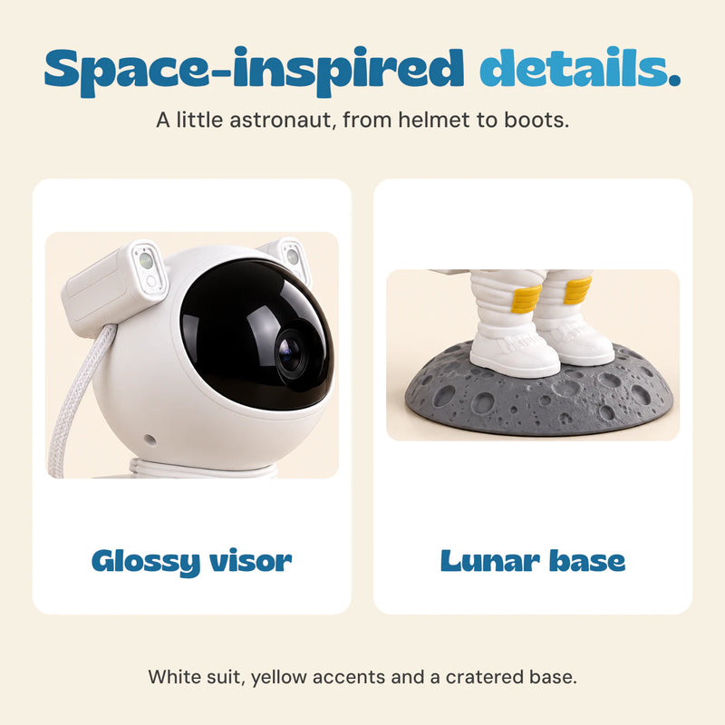 Detailed views of the astronaut projector’s glossy visor and grey cratered lunar base.