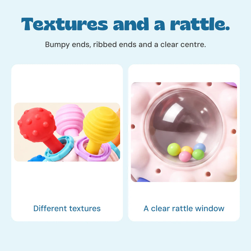 Close views of the actual bumpy and ribbed coloured ends and clear central rattle window with beads.