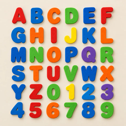 Complete set of 26 uppercase foam letters and ten numbers, arranged clearly on a warm beige surface.