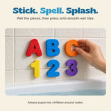 An adult hand places an orange foam C beside A and B on wet bathroom tiles, with numbers 1, 2 and 3 below.