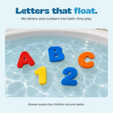 Colourful foam A, B, C, 1 and 2 float on bath water.