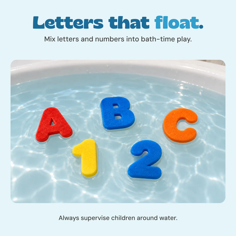 Colourful foam A, B, C, 1 and 2 float on bath water.