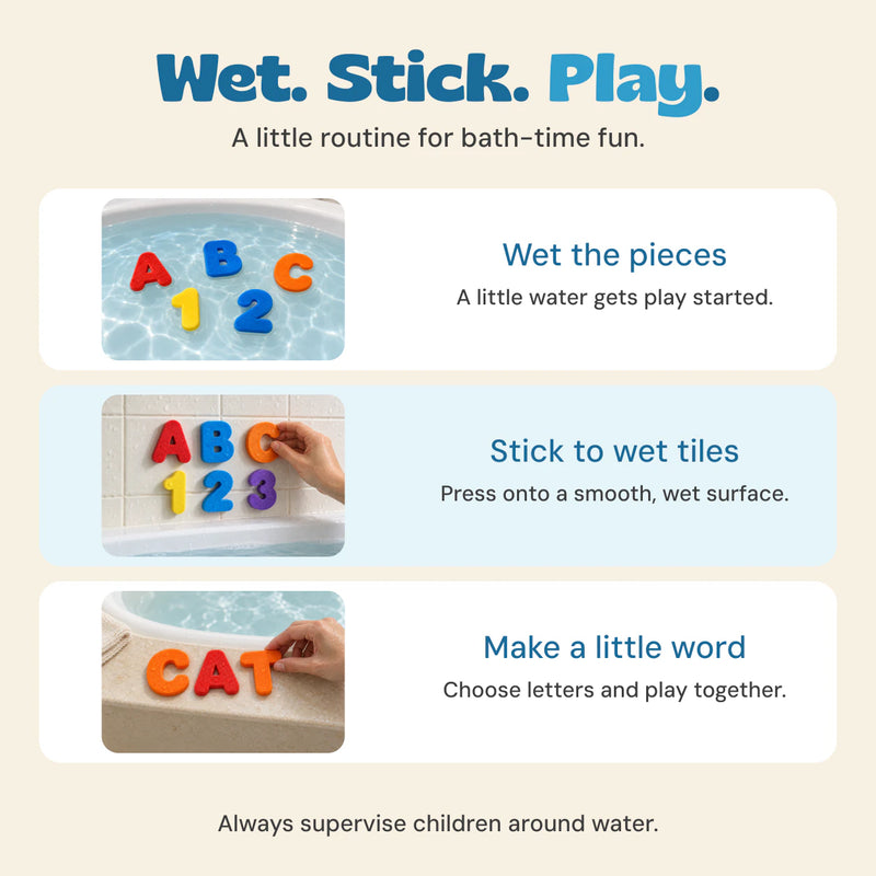 Three simple steps: wet the foam pieces, stick them to wet tiles, and choose letters to make a word.