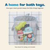 Original grey shark organizer filled with bath toys to show its open mesh pocket. Toys are not included.