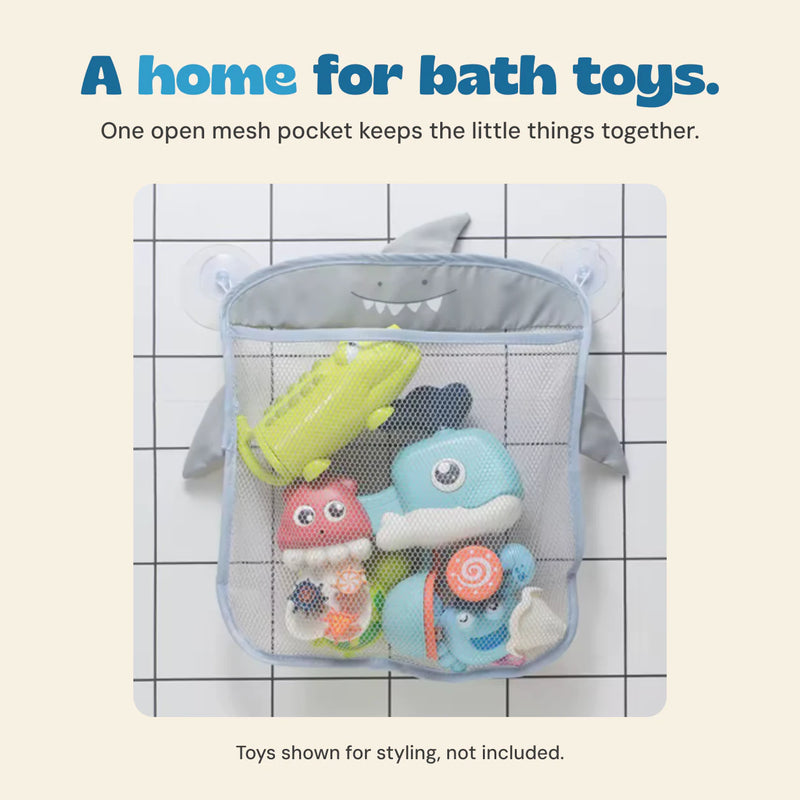 Original grey shark organizer filled with bath toys to show its open mesh pocket. Toys are not included.