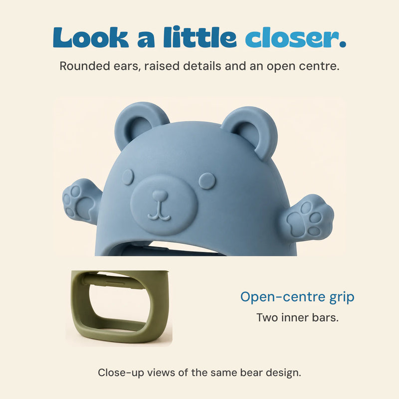 Close-ups of the embossed bear face and paw details, with the open grip and inner bars.